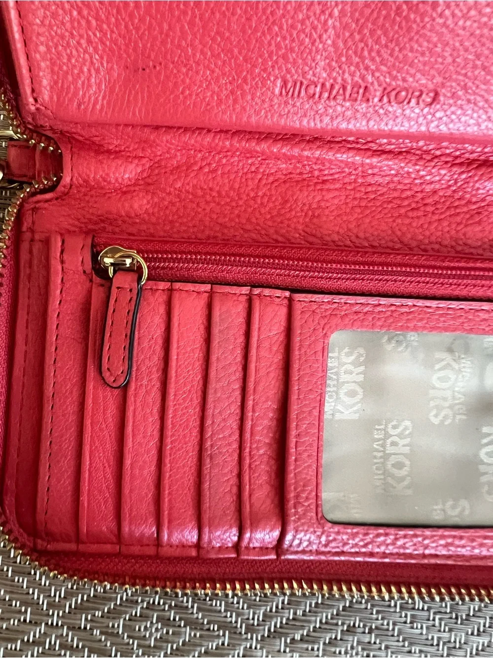 Michael Kors Fulton Pinkish Red Zip Around Leather Phone Case Wristlet Wallet